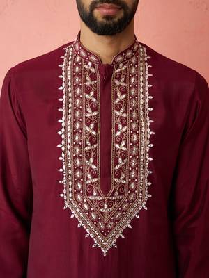 Wine chanderi kurta set with cream pyjama - premium wedding collection 2