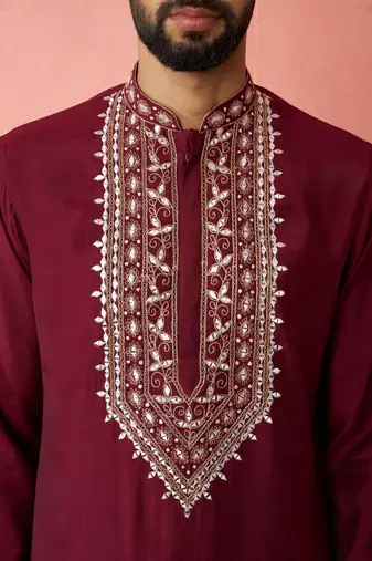 Wine chanderi kurta set with cream pyjama - premium wedding collection