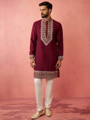 Wine chanderi kurta set with cream pyjama - premium wedding collection 3