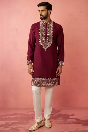 Wine chanderi kurta set with cream pyjama - premium wedding collection