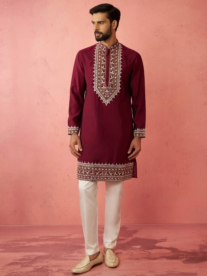Wine chanderi kurta set with cream pyjama - premium wedding collection