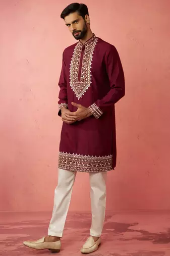 Wine chanderi kurta set with cream pyjama - premium wedding collection