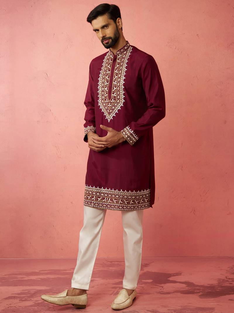 Wine chanderi kurta set with cream pyjama - premium wedding collection