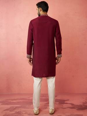 Wine chanderi kurta set with cream pyjama - premium wedding collection 5