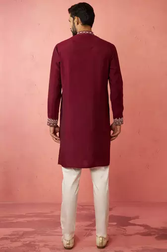 Wine chanderi kurta set with cream pyjama - premium wedding collection