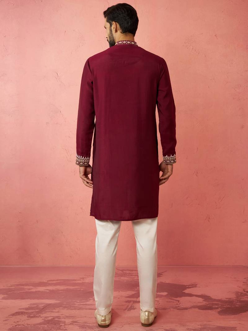 Wine chanderi kurta set with cream pyjama - premium wedding collection