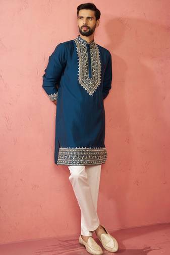 Turquoise chanderi kurta set with cream pyjama - wedding collection