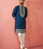 Turquoise chanderi kurta set with cream pyjama - wedding collection