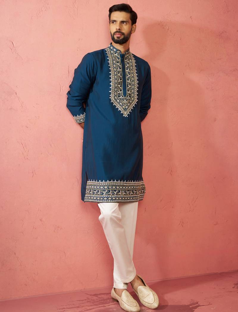 Turquoise chanderi kurta set with cream pyjama - wedding collection