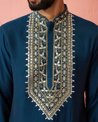 Turquoise chanderi kurta set with cream pyjama - wedding collection 2
