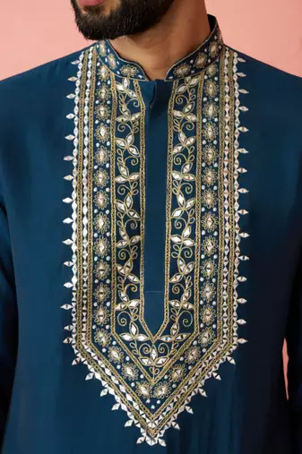 Turquoise chanderi kurta set with cream pyjama - wedding collection