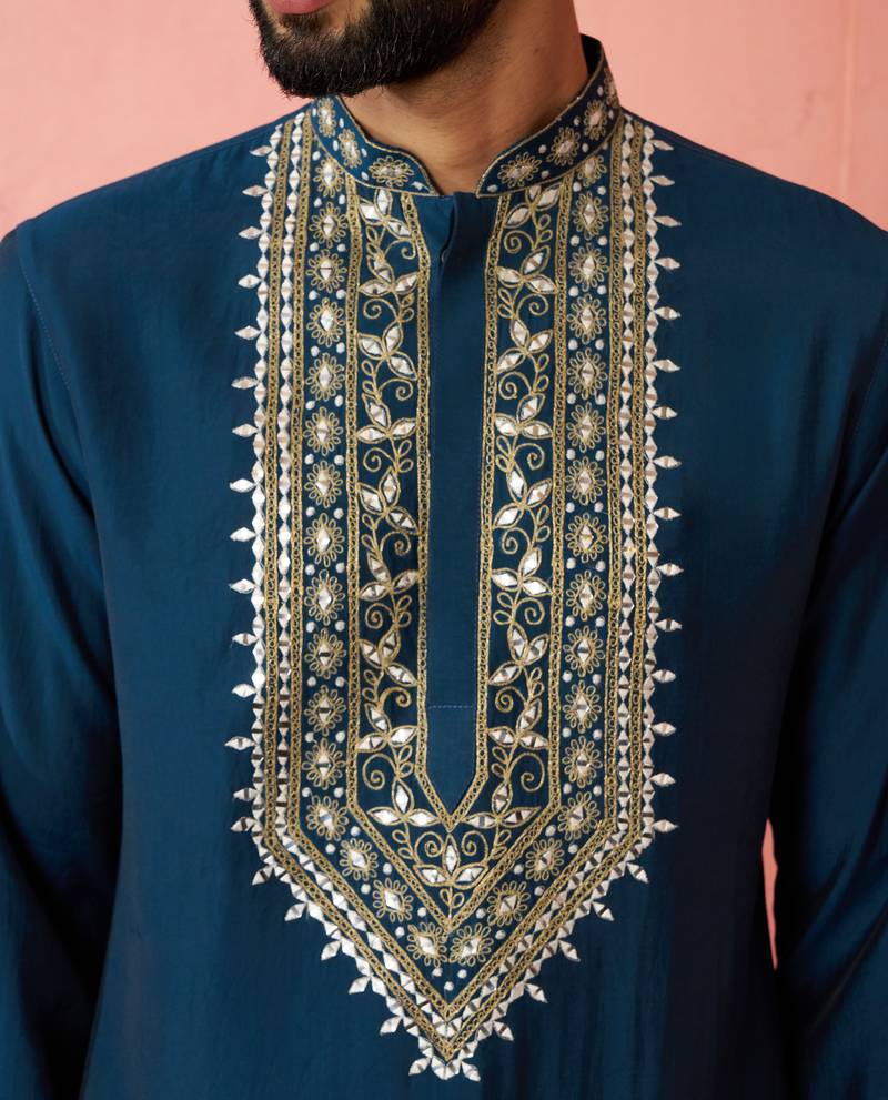 Turquoise chanderi kurta set with cream pyjama - wedding collection