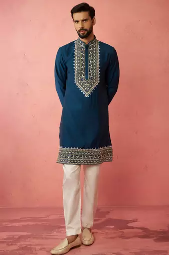 Turquoise chanderi kurta set with cream pyjama - wedding collection