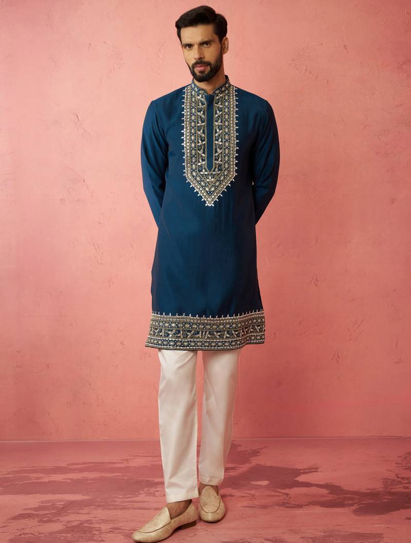 Turquoise chanderi kurta set with cream pyjama - wedding collection