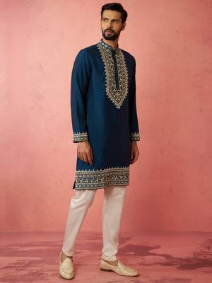 Turquoise chanderi kurta set with cream pyjama - wedding collection 4