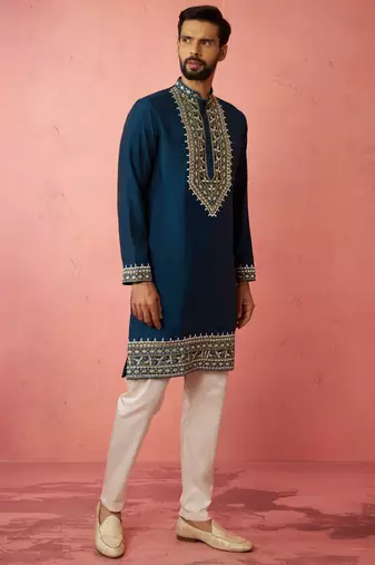 Turquoise chanderi kurta set with cream pyjama - wedding collection