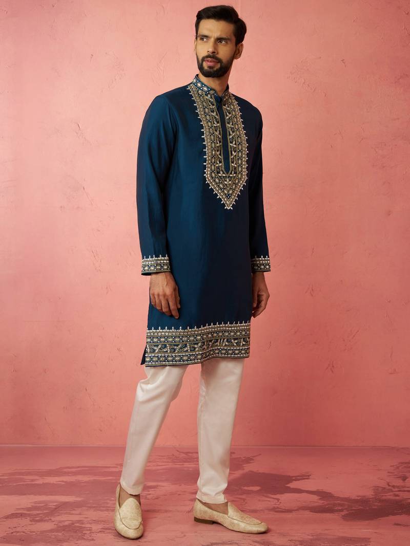 Turquoise chanderi kurta set with cream pyjama - wedding collection