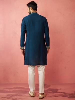 Turquoise chanderi kurta set with cream pyjama - wedding collection 5