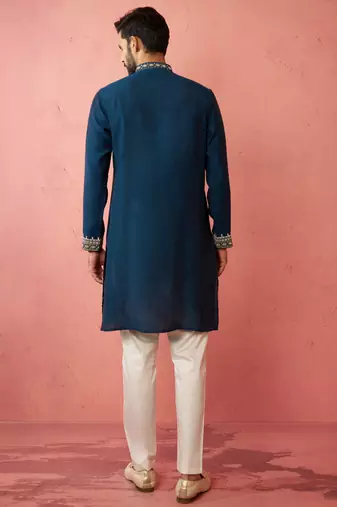 Turquoise chanderi kurta set with cream pyjama - wedding collection
