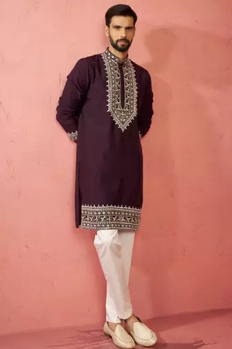 Purple chanderi kurta set with cream pyjama - royal wedding wear