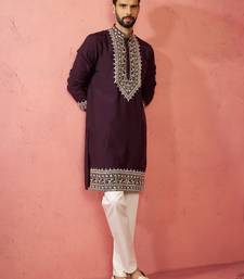 Purple chanderi kurta set with cream pyjama - royal wedding wear