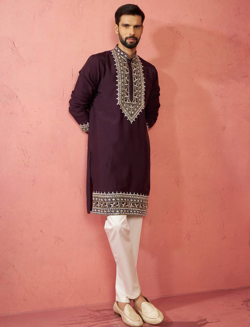 Purple chanderi kurta set with cream pyjama - royal wedding wear