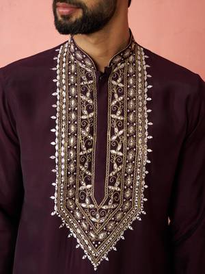 Purple chanderi kurta set with cream pyjama - royal wedding wear 2