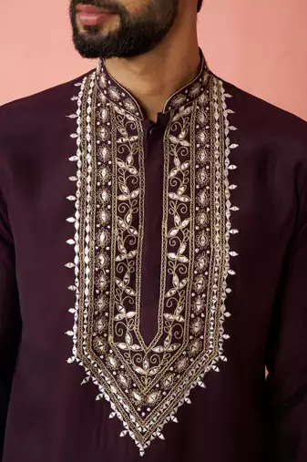 Purple chanderi kurta set with cream pyjama - royal wedding wear