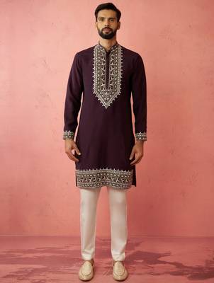 Purple chanderi kurta set with cream pyjama - royal wedding wear 3