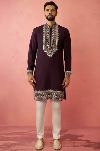 Purple chanderi kurta set with cream pyjama - royal wedding wear