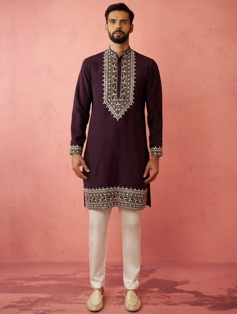 Purple chanderi kurta set with cream pyjama - royal wedding wear