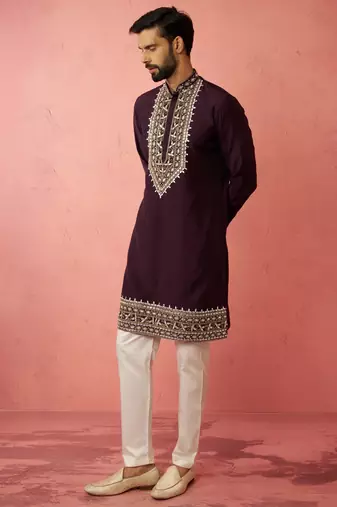 Purple chanderi kurta set with cream pyjama - royal wedding wear