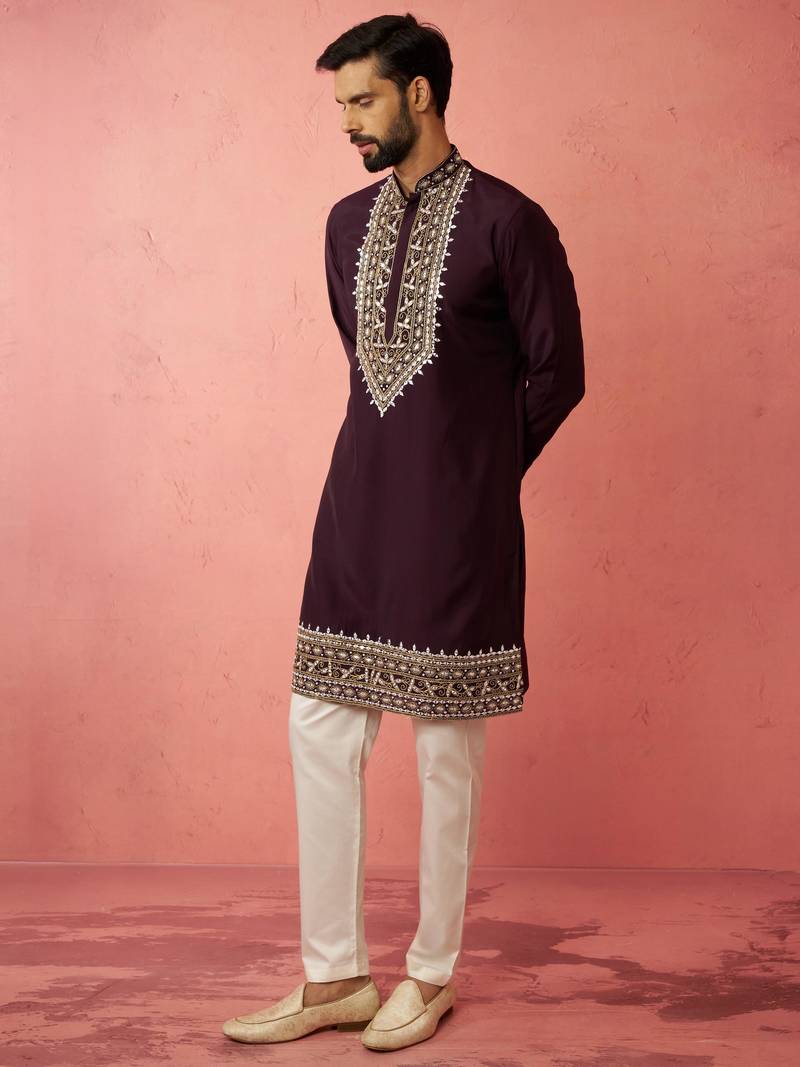 Purple chanderi kurta set with cream pyjama - royal wedding wear