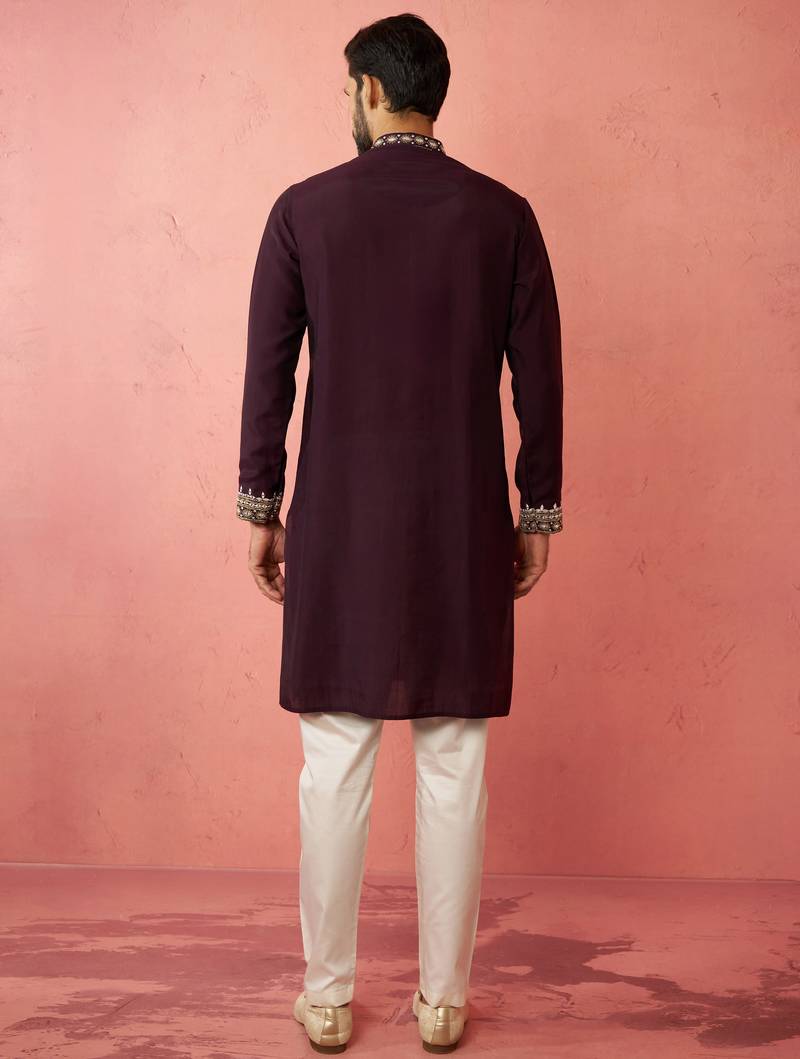 Purple chanderi kurta set with cream pyjama - royal wedding wear
