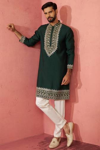 Bottle green chanderi kurta set with cream pyjama - wedding special