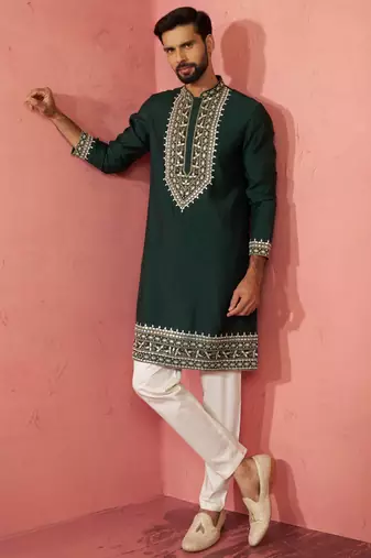Bottle green chanderi kurta set with cream pyjama - wedding special
