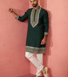 Bottle green chanderi kurta set with cream pyjama - wedding special
