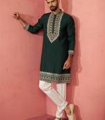 Bottle green chanderi kurta set with cream pyjama - wedding special