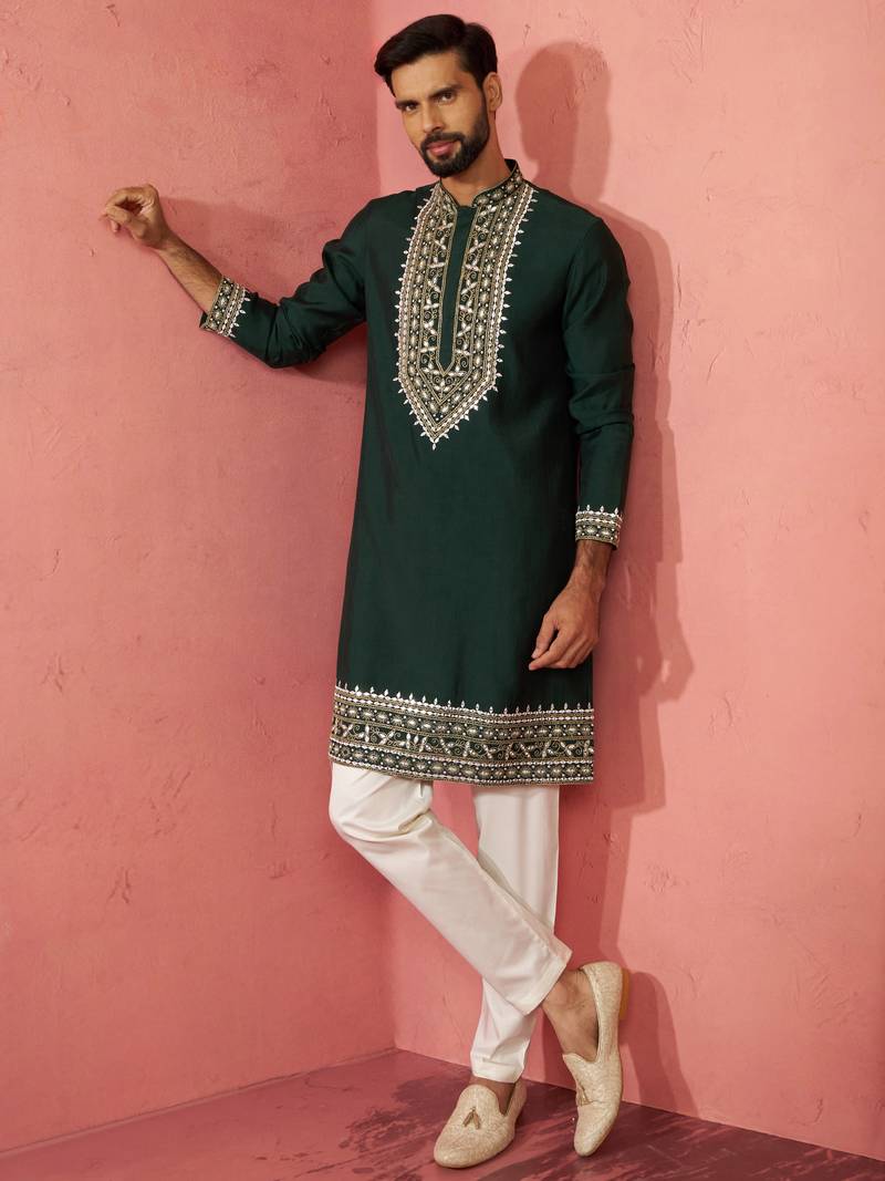 Bottle green chanderi kurta set with cream pyjama - wedding special