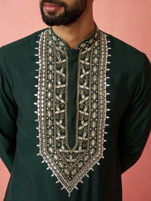 Bottle green chanderi kurta set with cream pyjama - wedding special 2