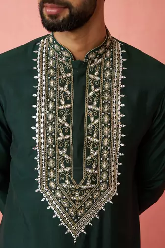 Bottle green chanderi kurta set with cream pyjama - wedding special