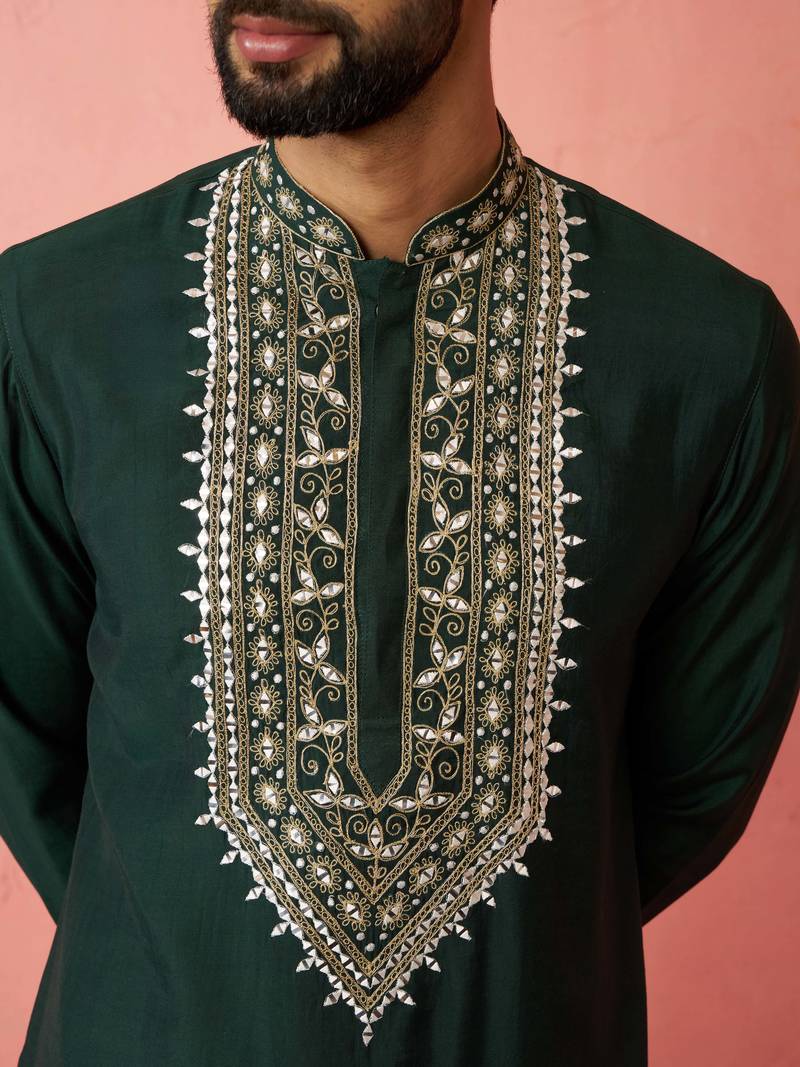 Bottle green chanderi kurta set with cream pyjama - wedding special