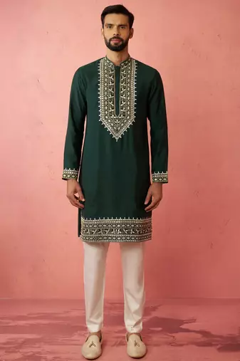 Bottle green chanderi kurta set with cream pyjama - wedding special