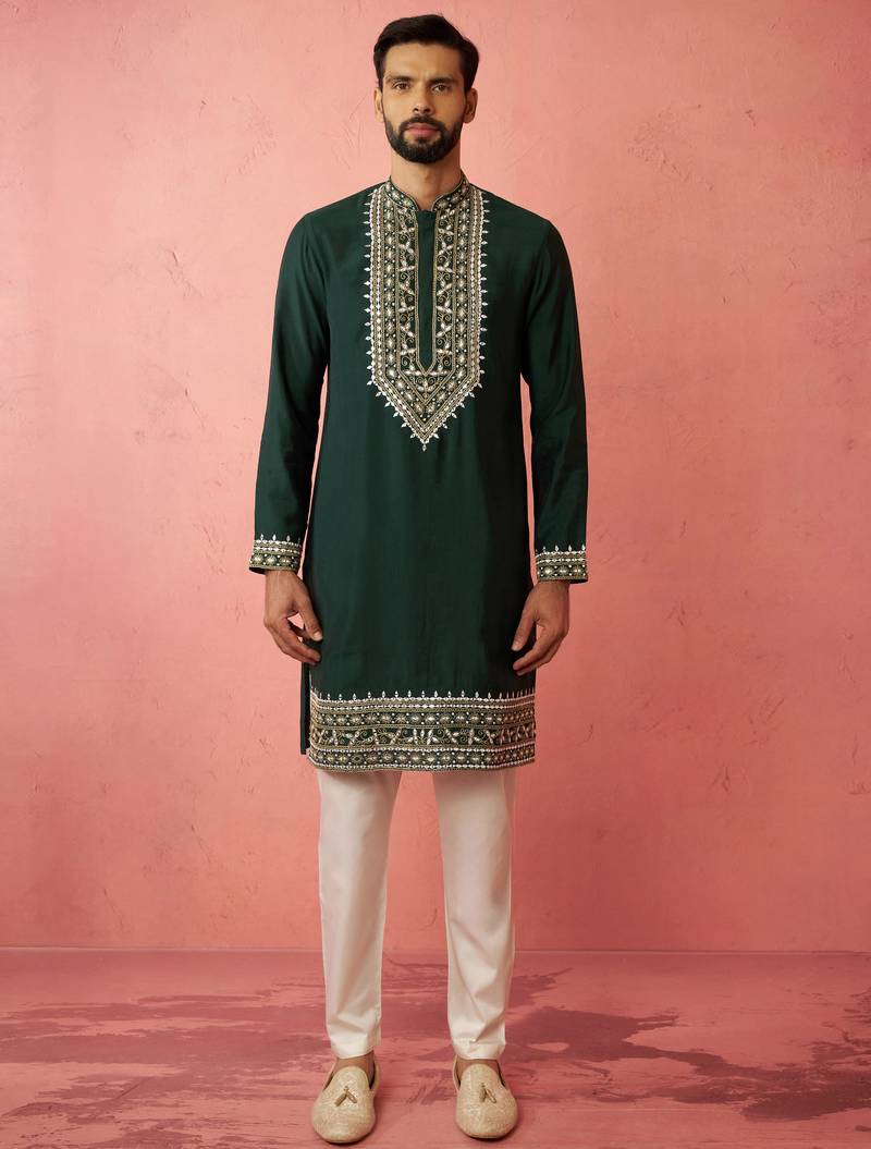 Bottle green chanderi kurta set with cream pyjama - wedding special