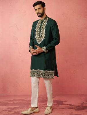Bottle green chanderi kurta set with cream pyjama - wedding special 4