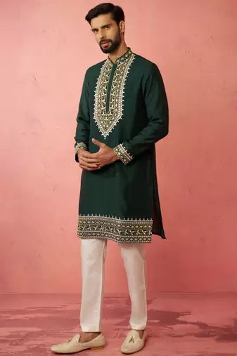 Bottle green chanderi kurta set with cream pyjama - wedding special