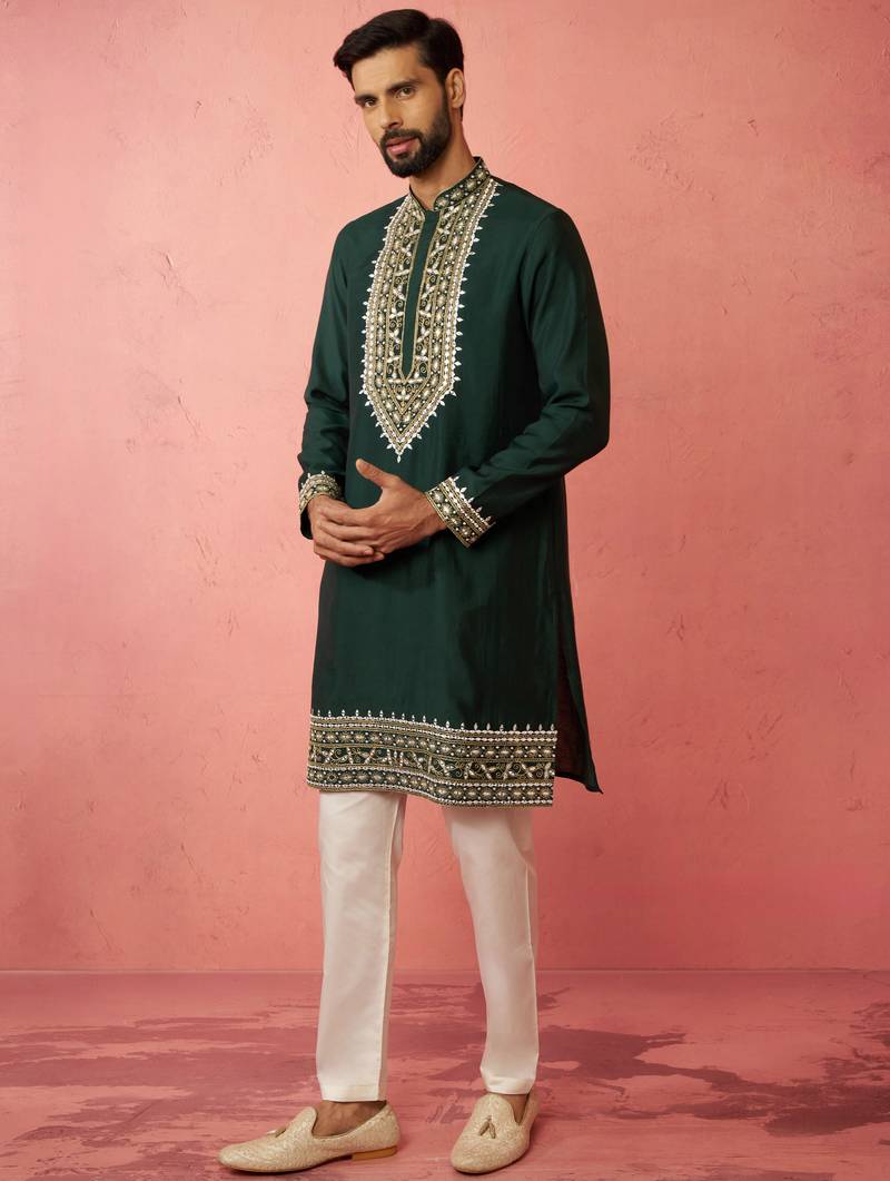 Bottle green chanderi kurta set with cream pyjama - wedding special