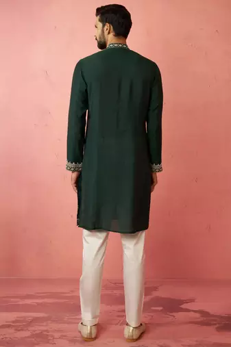Bottle green chanderi kurta set with cream pyjama - wedding special