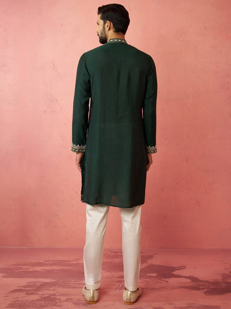 Bottle green chanderi kurta set with cream pyjama - wedding special