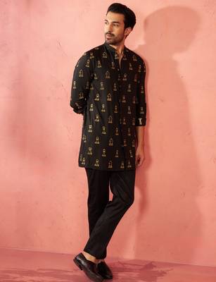 Black fine satin kurta with cotton lycra pant - modern festive set 1